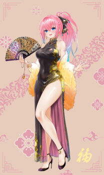 Rule 34 | 1girl, alternate costume, alternate hairstyle, bare shoulders, black dress, blue eyes, blue hair, blush, breasts, character request, check character, china dress, chinese clothes, commentary request, dress, earrings, folding fan, full body, gradient hair, hair between eyes, hand fan, high heels, high ponytail, highres, holding, holding fan, jewelry, large breasts, long hair, looking at viewer, megurine luka, multicolored hair, open mouth, pelvic curtain, pink hair, ponytail, solo, very long hair, vocaloid, yukihane (snowowl515)