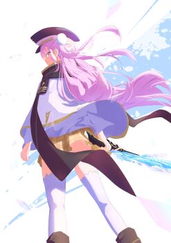 1girl absurdres arms_at_sides black_hat brown_skirt bun_cover cape closed_mouth eyes_visible_through_hair feet_out_of_frame floating_hair glowing glowing_sword glowing_weapon hair_between_eyes hair_bun hashtag-only_commentary hat heaven_burns_red highres holding holding_sword holding_weapon kunimi_tama long_hair looking_at_viewer looking_back miniskirt peaked_cap pink_eyes pink_hair plaid_clothes plaid_skirt profile shaketamago shirt sideways_glance simple_background skirt solo standing sword thighhighs two_side_up very_long_hair weapon white_background white_cape white_shirt zettai_ryouiki