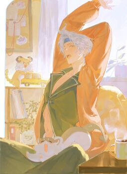 Rule 34 | 1boy, antenna hair, arms up, black pajamas, blue hair, bookshelf, coffee mug, cup, hashtag-only commentary, highres, honkai: star rail, honkai (series), hsgbjisuw, long sleeves, looking at viewer, male focus, mug, navel, open mouth, pajamas, partially unbuttoned, phainon (chimerric park epilogue) (honkai: star rail), phainon (honkai: star rail), short hair, toy car, waking up