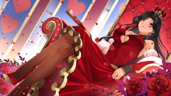 1girl absurdres black_hair breasts closed_mouth cosplay covered_navel crossed_legs crown detached_sleeves dress facial_mark falling_petals feather_boa flower folding_fan hand_fan heart heart_facial_mark high_heels highres holding holding_fan landacdeus long_hair mini_crown nijisanji nijisanji_en pantyhose petals queen_of_hearts_(alice_in_wonderland) queen_of_hearts_(alice_in_wonderland)_(cosplay) red_dress red_eyes red_flower red_petals red_rose red_shoes red_sleeves rose scarle_yonaguni second-party_source shoes sitting sitting_on_throne sleeveless sleeveless_dress solo tan throne virtual_youtuber