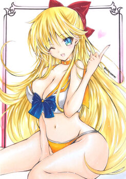 1girl aino_minako bikini bishoujo_senshi_sailor_moon blonde_hair blue_eyes bow breasts heart ichinoserec large_breasts long_hair one_eye_closed red_bow sailor_venus sitting swimsuit very_long_hair white_background wink