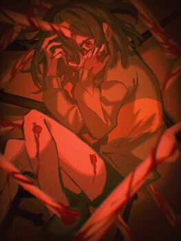 1other blood blood_on_hands blood_on_leg bloody_tears bone brown_hair chara_(undertale) covered_mouth feet_out_of_frame film_grain green_sweater hair_between_eyes hands_up hashtag-only_commentary highres knees_up long_sleeves looking_at_viewer medium_hair puffy_long_sleeves puffy_sleeves r_ego999 red_eyes red_theme shoes short_shorts shorts simple_background sitting solo striped_clothes striped_sweater sweater two-tone_sweater undertale utdr_(toby_fox) wide-eyed yellow_sweater