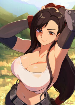 Rule 34 | 1girl, armpits, arms up, black hair, black skirt, breasts, cleavage, closed mouth, earrings, elbow gloves, final fantasy, final fantasy vii, final fantasy vii remake, fingerless gloves, gloves, highres, jewelry, large breasts, long hair, looking at viewer, navel, outdoors, red eyes, skirt, smile, solo, squeezable (squeezabledraws), suspender skirt, suspenders, tank top, tifa lockhart, white tank top