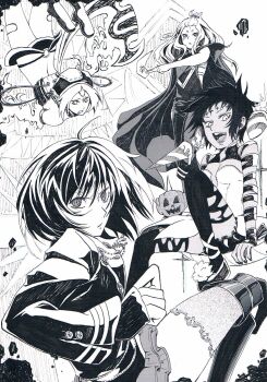 4girls abstract_background ahoge arm_ribbon armlet armored_boots backflip bare_arms bare_shoulders belt black_gloves black_hair black_jacket black_nails black_order_uniform black_thighhighs bob_cut body_markings boots breasts buttons candle chain choker cleavage clenched_hand clenched_teeth cloak creature crop_top d.gray-man dark-skinned_female dark_skin dress facial_mark fingerless_gloves fire floating_cape floating_hair fo_(d.gray-man) forehead_mark frown gloves greyscale hair_between_eyes hair_ribbon half_updo hat highres holding holding_paper jacket jewelry kuge_kairi lenalee_lee lero long_hair looking_at_viewer messy_hair midriff military military_uniform miniskirt monochrome multiple_girls neck_ribbon noah_(d.gray-man) open_mouth pants paper parted_lips pleated_skirt pumpkin ribbon road_kamelot shoes short_dress short_hair sidelocks sitting sitting_on_object skirt small_breasts smile striped_clothes striped_jacket teeth tewaku_(d.gray-man) thigh_boots thighhighs thighs torn_clothes torn_thighhighs white_background white_dress wire