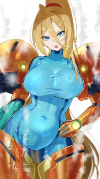 1girl arm_cannon armor blonde_hair blue_bodysuit blue_eyes bodysuit breasts covered_navel curvy hand_on_own_hip high_ponytail highres large_breasts long_hair looking_at_viewer metroid mole mole_under_mouth navel nintendo parted_lips ponytail power_armor power_suit_(metroid) samus_aran skin_tight solo steam weapon white_background yasaikakiage zero_suit