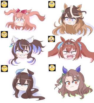 Rule 34 | 6+girls, :o, admire vega (umamusume), agnes digital (umamusume), animal ears, blue hair, blush, bow, brown hair, crying, crying with eyes open, daitaku helios (umamusume), daiwa scarlet (umamusume), ear bow, ear covers, emoji, fang, green bow, gutei tei, hair between eyes, hair bow, hair intakes, hair ornament, hairclip, hashtag-only commentary, head only, heart, heart-shaped pupils, highres, horse ears, horse girl, king halo (umamusume), long hair, looking at viewer, low ponytail, multicolored hair, multiple girls, pink bow, pink hair, ponytail, pout, purple eyes, red eyes, reference inset, side ponytail, simple background, single ear cover, star (symbol), star hair ornament, streaked hair, symbol-shaped pupils, symboli rudolf (umamusume), tears, tiara, twintails, umamusume, white background, white hair