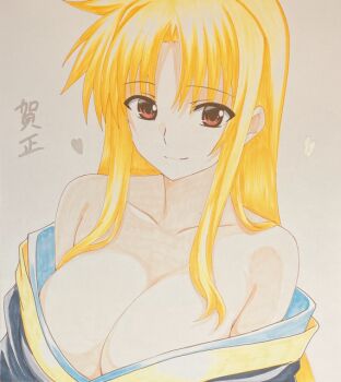 1girl bare_shoulders blonde_hair breasts cleavage closed_mouth collarbone commentary_request engo_(aquawatery) fate_testarossa heart japanese_clothes kimono large_breasts long_hair looking_at_viewer lyrical_nanoha mahou_shoujo_lyrical_nanoha_strikers off_shoulder red_eyes seductive_smile smile solo translation_request