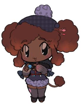 1girl :3 animal_ears beret black_eyes borrowed_character brown_hair charm_(object) chest_harness chibi curly_hair dark-skinned_female dark_skin dog_ears dog_girl dog_tail double_bun dress elbow_gloves fingerless_gloves full_body fur-tipped_tail fur-trimmed_dress fur_trim gloves hair_bun hair_ornament hairpin hands_up harness hat heart heart_hair_ornament holding holding_charm lapithai looking_at_viewer lowres medium_hair open_mouth original paw_hair_ornament pom_pom_(clothes) poodle purple_dress sidelocks simple_background sleeveless sleeveless_dress solo standing tail thighhighs transparent_background