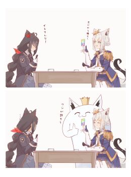 2girls :3 :d absurdres ahoge animal_ear_fluff animal_ears aqua_eyes black_hair braid card card_game chamomile_(kazumasa) closed_eyes crown elbow_gloves epaulettes fox_ears fox_girl fox_tail fubuzilla_(shirakami_fubuki) gloves hair_bun hair_ornament highres hololive kurokami_fubuki light_blush long_hair mini_crown multicolored_hair multiple_girls official_alternate_costume open_mouth pentagram red_eyes red_hair shirakami_fubuki shirakami_fubuki_(fbkingdom) simple_background sitting smile speech_bubble star_(symbol) table tail thumbs_up very_long_hair virtual_youtuber white_hair x_hair_ornament