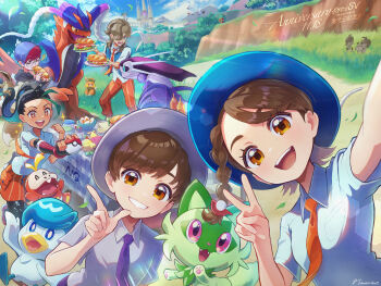 2boys 3girls :d anniversary arven_(pokemon) black_pantyhose blue_hat braid brown_eyes brown_hair collared_shirt commentary_request dated day eyelashes falling_leaves florian_(pokemon) food fuecoco gen_8_pokemon grass grin hand_up hat highres holding holding_plate holding_poke_ball juliana_(pokemon) koraidon leaf looking_at_viewer metoa multiple_boys multiple_girls necktie nemona_(pokemon) nintendo open_mouth orange_necktie orange_shorts outdoors pantyhose penny_(pokemon) plate poke_ball poke_ball_(basic) pokemon pokemon_sv ponytail purple_necktie quaxly sandwich selfie shirt short_sleeves shorts skwovet smile sparkle sprigatito table teeth upper_teeth_only v