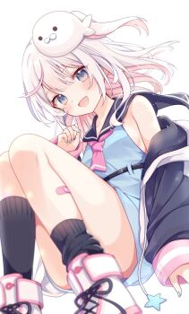 1girl :d bandaid bandaid_on_leg black_jacket black_socks blue_dress blue_eyes blush dress gomano_rio highres jacket knees_up long_hair long_sleeves looking_at_viewer multicolored_hair nail_polish off_shoulder open_clothes open_jacket open_mouth original pink_hair sailor_collar sailor_dress shoes simple_background sleeveless sleeveless_dress smile socks solo white_background white_hair