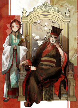 Rule 34 | 2boys, alternate costume, black coat, black hair, black hanfu, black hat, black shoes, branch, brown hair, chair, changpao, chinese clothes, closed mouth, coat, commentary request, crossed legs, earrings, floral print, flower, full body, gem, green gem, green hanfu, guan hat, hand on own cheek, hand on own face, hands in opposite sleeves, hanfu, hashimoto (yanagi-momo), hat, head rest, holding, holding sword, holding weapon, implied yaoi, jewelry, kamado tanjirou, kimetsu no yaiba, long hair, long sleeves, looking at viewer, male focus, mandarin collar, mian guan, multicolored hair, multiple boys, open clothes, open coat, open mouth, red eyes, red hair, red sash, rengoku kyoujurou, robe, sash, scar, scar on face, scar on forehead, sheath, sheathed, shoes, short hair, sitting, sitting on throne, smile, standing, sword, throne, two-tone hair, two-tone hanfu, weapon, white flower, white hanfu, wide sleeves, yellow eyes, yellow sash