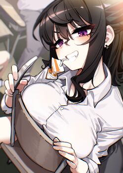 1girl absurdres black_hair breasts commentary_request earrings hair_between_eyes highres jewelry korean_commentary large_breasts long_hair original pants purple_eyes shirt solo thighs white_shirt yain