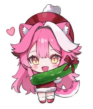 1girl :d animal_ears center-flap_bangs chibi commentary cucumber double-parted_bangs dress english_commentary fang food fruit full_body fur-trimmed_dress fur-trimmed_shoes fur_trim hat holding holding_food holding_fruit hololive hololive_english long_hair looking_at_viewer open_mouth panther_ears panther_girl panther_tail pink_hair raora_panthera raora_panthera_(artist) red_dress red_hat red_shoes self-portrait shoes sidelocks simple_background smile solo tail very_long_hair virtual_youtuber white_background white_streaks yellow_eyes