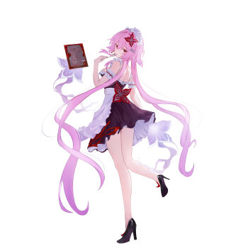 1girl absurdly_long_hair absurdres alternate_costume apron black_dress breasts commentary_request dress enmaided evernight_(honkai:_star_rail) evey_(honkai:_star_rail) flower full_body hair_flower hair_ornament high_heels highres honkai:_star_rail honkai_(series) jellyfish long_hair looking_at_viewer maid maid_apron maid_headdress march_7th_(honkai:_star_rail) medium_breasts momorin_(choco030309) pink_hair red_eyes simple_background solo very_long_hair white_background