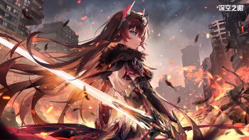 1girl aether_gazer ashes back black_dress black_gloves blue_eyes breasts brown_hair building burning burning_building closed_mouth debris dress elbow_gloves embers from_behind fur-trimmed_dress fur_trim gloves glowing glowing_sword glowing_weapon hair_between_eyes hair_ornament heterochromia highres holding holding_sword holding_weapon large_breasts logo long_hair looking_at_viewer median_furrow official_art official_wallpaper reverse_grip ruins sidelocks solo sword verthandi_(aether_gazer) very_long_hair weapon yellow_eyes