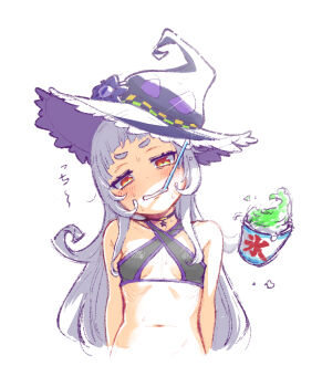 1girl blush breasts choker food grey_hair hat highres hololive hot long_hair murasaki_shion navel notraidersin1 orange_eyes shaved_ice simple_background sketch small_breasts solo sound_effects summer sweat upper_body virtual_youtuber white_background witch_hat