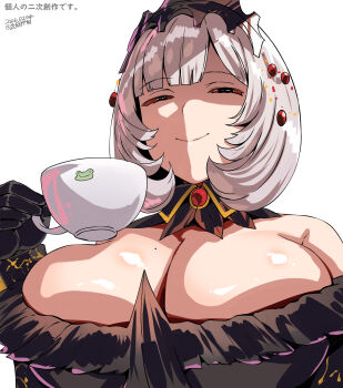 Rule 34 | 1girl, 2026, artist name, belko, breasts, cleavage, cup, dated, female focus, holding, holding cup, large breasts, mole, mole on breast, solo, teacup, twitter username