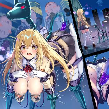 1girl 3boys bag bdsm blazer blonde_hair blush_stickers bondage bound bound_arms bound_legs bow bowtie breast_milk_in_container breast_pump breasts breasts_out brown_jacket building chain chained chained_cuffs chained_wrists collar collared_shirt commentary_request cuffs cuffs-to-collar defeat dildo elbow_gloves faceless faceless_male female_focus gloves grey_skirt hair_between_eyes handbag hanging_breasts highres holding holding_phone jacket lactation large_breasts long_hair long_sleeves milking_machine monikano multiple_boys multiple_views nipples no_panties non-humanoid_robot open_mouth outdoors paid_reward_available panties penetration_through_clothes phone piddlefours pleated_skirt public_indecency public_nudity pussy_juice pussy_juice_drip_through_clothes rape red_bow red_bowtie restrained robot robot_animal robot_dog school_emblem school_uniform sex_toy shirt shokuhou_misaki skirt skyscraper sparkling_eyes strap suspension thighhighs toaru_kagaku_no_mental_out toaru_kagaku_no_railgun toaru_majutsu_no_index tokiwadai_school_uniform trembling underwear white_gloves white_panties white_shirt white_thighhighs winter_uniform wrist_cuffs yellow_eyes