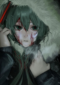 Rule 34 | 1girl, absurdres, aqua eyes, aqua hair, black jacket, blood, blood on face, breath, commentary request, fur-trimmed jacket, fur trim, glowing, glowing eyes, hair ornament, hatsune miku, highres, holding, holding jacket, holding own hair, holding unworn clothes, hood, hood up, jacket, long hair, riri x20, solo, tears, twintails, unworn jacket, vocaloid