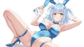 1girl :3 ahoge animal_ears arm_up armpits bare_shoulders blue_hair blue_leotard blue_shoes bow bowtie breasts cleavage closed_mouth commentary_request covered_navel detached_collar fake_animal_ears hair_ornament hairband hand_up heart heart_ahoge high_heels highleg highleg_leotard large_breasts leotard looking_at_viewer medium_hair original playboy_bunny rabbit_ears shoes simple_background skindentation smile solo strapless strapless_leotard tamagotchi thigh_strap thighs tsukiyuki_mike two_side_up white_background wrist_cuffs x_hair_ornament yellow_eyes