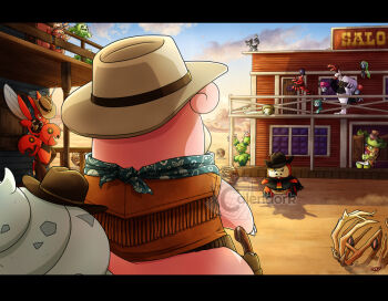 alternate_color aqua_bandana artist_name bandana bandana_around_neck black_hat black_poncho blue_sky bombirdier bramblin brown_hat brown_shirt building cacnea clothed_pokemon commentary cowboy cowboy_hat cowboy_western crossed_arms day duel english_commentary from_behind fuecoco gen_1_pokemon gen_2_pokemon gen_3_pokemon gen_4_pokemon gen_5_pokemon gen_7_pokemon gen_8_pokemon glameow greedent gun hand_fan hat holding holding_fan legendary_pokemon ludicolo maractus meloetta meloetta_(aria) meloetta_(pirouette) mythical_pokemon nintendo open_mouth oricorio oricorio_(baile) outdoors pokemon pokemon_(creature) saloon saloon_doors sand scizor shiny_pokemon shirt signature silocbra sky slowbro thecalendork tumbleweed watermark weapon western