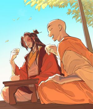 2boys aang absurdres arm_tattoo avatar:_the_last_airbender avatar_legends bald black_hair blue_sky closed_eyes commentary cup drinking_glass english_commentary hair_ornament hairclip head_tattoo highres holding holding_cup jacket laughing long_hair male_focus multiple_boys open_mouth orange_robe parted_bangs red_jacket robe scar scar_across_eye scar_on_face sitting sky smile table tattoo teacup teapot white_robe winchestermegg zuko