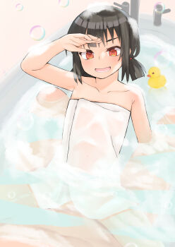 1boy 1girl arm_support bathroom bathtub brown_hair from_above highres komekko kono_subarashii_sekai_ni_shukufuku_wo! leaning_back loli low_twintails mixed_bathing naked_towel navel nekokyun paid_reward_available partially_submerged see-through_clothes short_hair short_twintails smile solo_focus tagme towel twintails