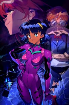 2boys 2girls alternate_costume black_hair blue_eyes bob_cut bodysuit bow bowtie breasts brown_hair captain_uniform commentary company_connection cosplay dark-skinned_female dark_skin earrings english_commentary eye_symbol facial_hair formal_clothes fushigi_no_umi_no_nadia gendou_pose glasses grandis_granva hair_ornament hairclip hand_on_own_hip hands_clasped hat highres interface_headset_(evangelion) jean_roque_lartigue jewelry long_hair looking_at_viewer map mecha_pilot_suit multiple_boys multiple_girls mustache nadia_la_arwall neck nemo_(nadia) neon_genesis_evangelion optionaltypo own_hands_clasped own_hands_together pendant plugsuit_(evangelion) purple_bodysuit purple_hair red_hair short_hair skin_tight small_breasts smile standing suit