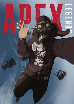1boy \n/ animal_hood apex_legends backpack bag black_headwear black_hoodie black_pants blurry blurry_background cloud commentary copyright_name english_commentary english_text falling goblin_(titanfall) goggles green_shirt grey_shoes highres holding hood hood_down hoodie ifragmentix liquid mask mouth_mask octane_(apex_legends) pants rabbit rabbit_hood shirt shoes sky smartwatch sneakers solo sweatpants watch wattson_(apex_legends) wristwatch