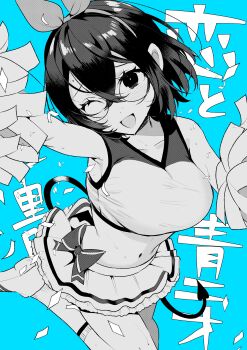 1girl absurdres blue_background bow breasts cheerleader collarbone commentary_request confetti crop_top demon_tail greyscale_with_colored_background hair_ribbon highres navel one_eye_closed open_mouth original ouchi_kaeru pom_pom_(cheerleading) ribbon shoes short_hair skirt socks solo stomach sweat tail