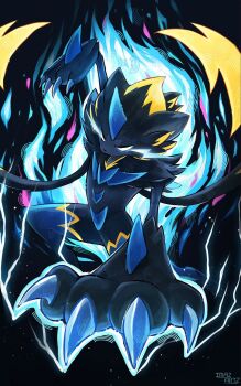 1other animal_ears aura black_fur blue_aura blue_eyes blue_fur body_fur claws electricity eye_trail furry gen_7_pokemon highres horns imazartz legendary_pokemon light_trail mega_pokemon mega_zeraora multicolored_fur mythical_pokemon nintendo pokemon pokemon_(creature) pokemon_focus single_horn solo two-tone_fur zeraora