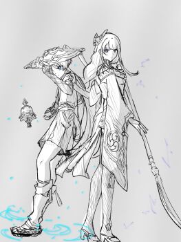 1boy 1girl arm_at_side armor back-to-back bell blue_eyes blunt_ends braid bridal_gauntlets closed_mouth clothing_cutout engulfing_lightning_(genshin_impact) expressionless fan_hair_ornament fighting_stance flower from_side genshin_impact greyscale hair_flower hair_ornament hakama hakama_shorts hand_up hat hatching_(texture) high_heel_sandals highres hip_vent holding holding_polearm holding_weapon japanese_armor japanese_clothes jingasa kimono kote layered_sleeves leg_warmers long_hair long_sidelocks long_sleeves looking_at_viewer low-braided_long_hair low-tied_long_hair mitsudomoe_(shape) monochrome mother_and_son obi off_shoulder pleated_shorts polearm pon_oi4 purple_electricity purple_eyes raiden_shogun rope sandals sash scaramouche_(genshin_impact) short_sleeves shorts shrug_(clothing) sidelocks spot_color tassel tassel_hair_ornament toes tomoe_(symbol) tsurime tulaytullah&#039;s_remembrance_(genshin_impact) wanderer_(genshin_impact) weapon wide_sleeves wind wispy_bangs zouri