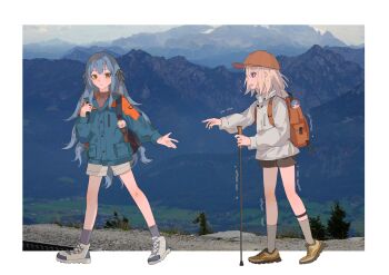 Rule 34 | 2girls, absurdres, ampheta, backpack, bag, bang dream!, bang dream! it's mygo!!!!!, baseball cap, black ribbon, black shorts, blue hair, blue jacket, border, brown shoes, cane, character doll, chinese commentary, commentary request, doll, grey jacket, grey socks, hair ribbon, hat, highres, jacket, long hair, long sleeves, medium hair, misumi uika, multiple girls, open mouth, orange bag, orange hat, outside border, photo background, purple eyes, ribbon, shoes, shorts, sidelocks, socks, teeth, togawa sakiko, trembling, upper teeth only, white border, white shoes, white shorts