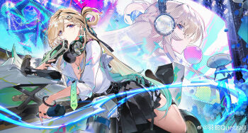 1girl absurdres aqua_hair black_skirt blonde_hair braid braided_bangs breasts can cleavage closed_mouth earrings gradient_hair hair_ornament headphones headphones_around_neck highres holding holding_can jewelry large_breasts long_hair looking_at_viewer lynae_(wuthering_waves) mole motor_vehicle motorcycle multicolored_hair multiple_views necklace purple_eyes shirt shirt_tucked_in skirt skull_hair_ornament spray_can star_(symbol) star_earrings thighs very_long_hair white_shirt wuthering_waves yushe_quetzalli