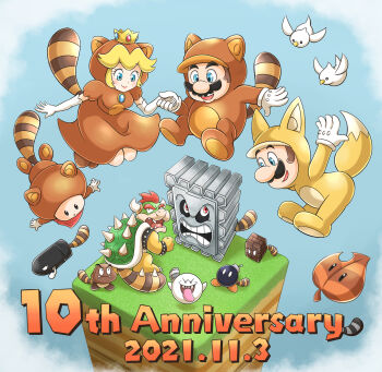 1girl 4boys :d :o animal_costume animal_ears animal_hood anniversary aogaeru_(pixiv46613656) armlet bandana bird black_eyes blonde_hair blue_eyes blush bob-omb boo_(mario) bowser bracelet brick_block brown_dress brown_hair bullet_bill closed_mouth commentary_request dated dress elbow_gloves eyelashes facial_hair fake_block_(mario) fangs fox_ears fox_hood fox_tail ghost gloves goomba grass highres holding_hands hood hood_up horns jewelry kitsune_luigi looking_down looking_up luigi mario mario_(series) multiple_boys mustache nintendo open_mouth princess_peach puffy_short_sleeves puffy_sleeves raccoon_ears raccoon_hood raccoon_tail red_bandana red_eyes red_hair sharp_teeth short_sleeves smile spiked_armlet spiked_bracelet spiked_shell spiked_tail spikes super_leaf super_leaf_(transformation) super_mario_3d_land tail tanuki_mario tanuki_peach teeth thwomp toad_(mario) tongue tongue_out turtle_shell tusks v-shaped_eyebrows white_gloves