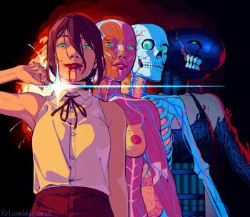 1girl alternate_form apron black_apron black_choker black_ribbon bomb bomb_devil_(chainsaw_man) chainsaw_man choker commentary elbow_gloves explosion explosion_background explosive gloves green_eyes grenade_pin highres imminent_explosion neck_ribbon no_undershirt nuclear_weapon object_head pull_cord reze_(chainsaw_man) ribbon shirt sleeveless sleeveless_shirt solo symbol-only_commentary transformation xxlunawarriorxx