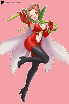 Rule 34 | 1girl, blush, boots, brown eyes, brown hair, cape, cosplay, digimon, digimon adventure, happy, hayato stuff, high heels, highres, leaf, looking at viewer, one eye closed, pointing, pointing at viewer, rosemon, rosemon (cosplay), smile, solo, tachikawa mimi, thorns