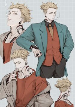 1boy arm_tattoo black_pants black_shirt blonde_hair blue_coat cigarette coat collared_shirt commentary cropped_legs earrings english_commentary enjin_(gachiakuta) finger_tattoo gachiakuta grey_coat grid_background hand_in_pocket highres jewelry male_focus mouth_hold multiple_views nape neck_tattoo necktie pants red_shirt ruya098765 scar_on_head shirt short_hair shoulder_tattoo simple_background single_off_shoulder smoke tattoo undercut yellow_eyes yellow_necktie