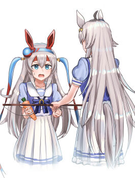 2girls absurdres ahoge animal_ears blue_eyes blue_hairband blush bow bowtie carrot carrot_on_stick commentary_request ear_covers ear_ornament fishing_rod grey_hair grey_tail hair_between_eyes hair_ornament hairband headband highres holding holding_carrot holding_fishing_rod horse_ears horse_girl horse_tail long_hair multicolored_hair multicolored_hairband multiple_girls oguri_cap_(umamusume) ooeyama open_mouth pleated_skirt puffy_short_sleeves puffy_sleeves purple_bow purple_bowtie purple_shirt red_headband sailor_collar sailor_shirt school_uniform shirt short_sleeves simple_background skirt striped_clothes striped_hairband sweatdrop tail tamamo_cross_(umamusume) tracen_school_uniform two-tone_hairband umamusume very_long_hair white_background white_sailor_collar white_skirt