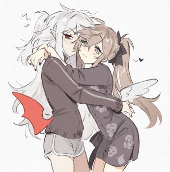 Rule 34 | 2girls, angel wings, bow, brown hair, commentary, cowboy shot, demon wings, dolphin shorts, floral print, genderswap, genderswap (mtf), grey eyes, grey hair, hair bow, highres, hug, jacket, kanae (nijisanji), kuzuha (nijisanji), long hair, looking at viewer, low wings, mole, mole under eye, multiple girls, nijisanji, ponytail, red eyes, rose print, sanya (nijisanji), shorts, simple background, smile, sp1nosaur, symbol-only commentary, track jacket, two side up, virtual youtuber, white background, wings
