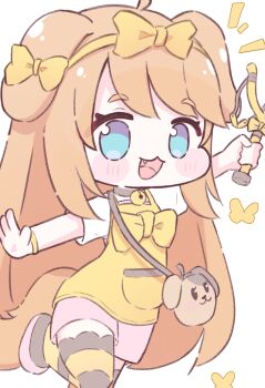 1girl :d animal_ears bell blue_eyes bow brown_hair butter_(trickcal) chibi commentary_request dog_ears dog_girl dog_tail fang highres mikeneko_(mikene_koko) open_mouth overalls pink_shoes pink_shorts shirt shoes shorts slingshot_(weapon) smile tail thighhighs trickcal white_shirt yellow_bow yellow_overalls