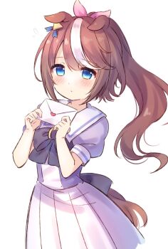 1girl animal_ears back_bow blue_eyes blush bow bowtie brown_hair closed_mouth coa_(chroo_x) commentary_request cowboy_shot hair_ribbon highres holding holding_letter horse_ears horse_girl horse_tail letter long_hair love_letter multicolored_hair pink_ribbon pleated_skirt ponytail purple_bow purple_bowtie purple_shirt ribbon sailor_collar school_uniform serafuku shirt short_sleeves simple_background skirt solo summer_uniform tail tokai_teio_(umamusume) tracen_school_uniform two-tone_hair umamusume white_background white_hair white_sailor_collar white_skirt