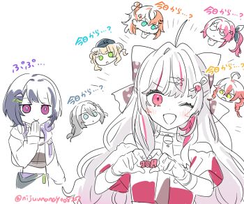 Rule 34 | 6+girls, ;d, bare shoulders, black hair, blonde hair, blue eyes, blush, braid, brown hair, chibi, closed eyes, closed mouth, green eyes, grey hair, hair between eyes, hand to own mouth, hand up, headphones, headphones around neck, heart, heart hands, hood, hood down, hooded jacket, igarashi rika, ishigami nozomi, jacket, kaburaki roco, koshimizu toru, kuramochi meruto, long hair, looking at viewer, low twintails, multicolored hair, multiple girls, nijisanji, ninahachi, off-shoulder shirt, off shoulder, one eye closed, open clothes, open jacket, open mouth, pink hair, purple eyes, red eyes, red hair, red shirt, shirt, shishido akari, short sleeves, side ponytail, simple background, smile, sophia valentine, streaked hair, translation request, twin braids, twintails, twitter username, very long hair, virtual youtuber, white background, white jacket