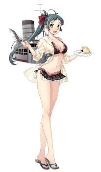 Rule 34 | 1girl, bikini, breasts, cleavage, flip-flops, food, fujikawa, full body, green eyes, green hair, hair ribbon, highres, ice cream, irako (kancolle), irako (swimsuit) (kancolle), kantai collection, large breasts, long legs, looking at viewer, navel, official art, open mouth, ponytail, ribbon, sandals, smile, solo, spoon, swimsuit, third-party source, toenails, transparent background