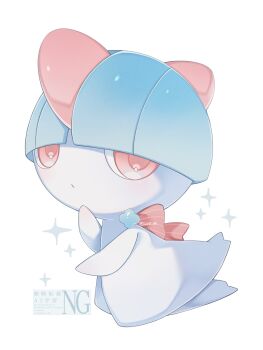 Rule 34 | alternate color, blush, bow, bowl cut, colored skin, gen 3 pokemon, highres, iwasi 29, looking at viewer, multicolored skin, nintendo, no humans, pokemon, pokemon (creature), pokemon focus, ralts, red bow, red eyes, shiny pokemon, simple background, solo, sparkle, two-tone skin, white skin