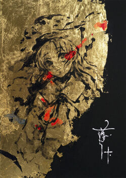 1girl black_background character_name collar hat ikeda_ruriko jacket_girl_(dipp) long_hair looking_at_viewer painting_(medium) solo touhou traditional_media two-tone_background yellow_background