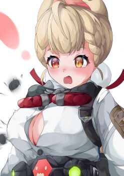! 1girl :o alice_thymefield animal_ears blonde_hair blush breasts commentary_request embarrassed hair_ornament heterochromia highres manbou_(wjxj5237) no_bra open_clothes open_mouth open_shirt partially_unbuttoned rabbit_ears red_eyes shirt simple_background solo sphere_hair_ornament tears twintails white_background white_shirt yellow_eyes zenless_zone_zero