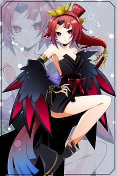 1girl arm_guards armlet bare_shoulders beni-enma beni-enma_alter bird_hair_ornament black_dress blush breasts commentary_request detached_collar detached_sleeves dress fate/grand_order fate_(series) feather-trimmed_sleeves feather_trim hair_ornament highres jewelry long_hair looking_at_viewer low_ponytail obi parted_bangs platform_heels ponytail red_eyes red_hair sash short_dress small_breasts thighs very_long_hair wagu_neru zoom_layer