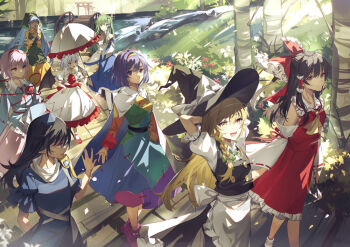 6+girls apron arm_ribbon armor arms_behind_head ascot bat_wings blonde_hair blue_dress blue_hair blue_headwear blue_shirt bow braid buttons cape dark_blue_hair detached_sleeves dress eyeball flower frilled_bow frilled_hair_tubes frilled_sleeves frills frog_hair_ornament gohei grass green_apron green_eyes green_hair green_headscarf green_headwear green_hood hair_bow hair_ornament hair_tubes hairband hakurei_reimu hand_on_own_chin hand_on_own_hip hand_up haniyasushin_keiki hat hat_bow headscarf heart heart_button heart_hair_ornament iizunamaru_megumu kirisame_marisa kochiya_sanae komeiji_satori light_rays long_hair looking_to_the_side mob_cap multicolored_dress multicolored_hairband multiple_girls nontraditional_miko open_mouth outdoors parasol patchwork_clothes pauldrons pink_hair pink_skirt red_ascot red_bow red_eyes red_skirt remilia_scarlet ribbon ribbon-trimmed_sleeves ribbon_trim rock shirt short_hair shoulder_armor shoulder_guard side_braid single_braid single_pauldron single_strap skirt skirt_set smile snake_hair_ornament sunbeam sunlight tengu tenkyuu_chimata third_eye tokin_hat torii touhou tree two-sided_cape two-sided_fabric umbrella waist_apron walking white_bow white_cape wings witch_hat wrist_cuffs yellow_ascot yellow_dress yellow_eyes yellow_sleeves